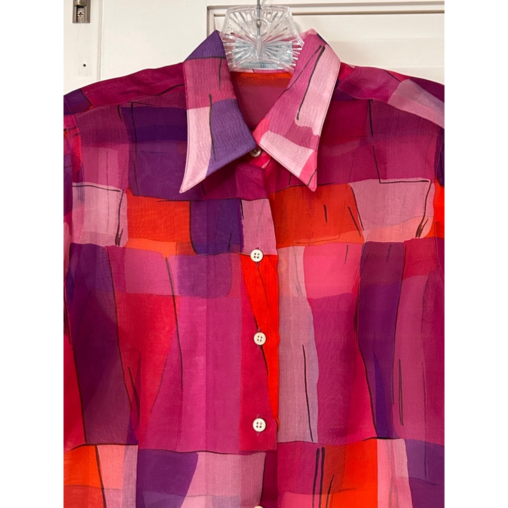 Thomas PINK Silk Blouse Geometric Print Button Front Women’s 8 - Picture 2 of 9